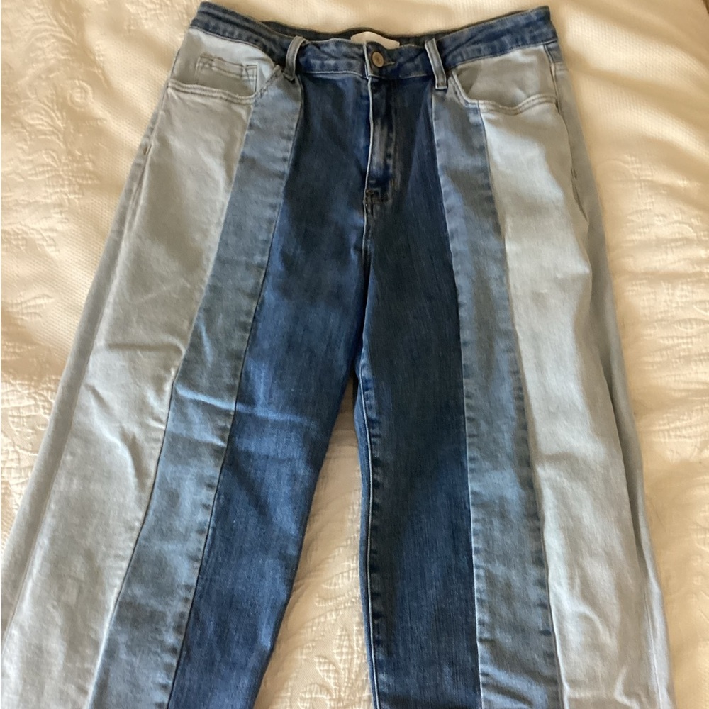 Two-Tone High-Rise Wide-Leg Jeans in Light & Dark Blue